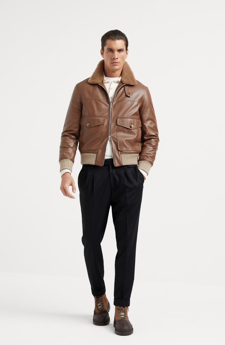 Brunello Cucinelli Virgin wool flannel leisure fit trousers with double pleats and tabbed waistband, Alternate, color, 