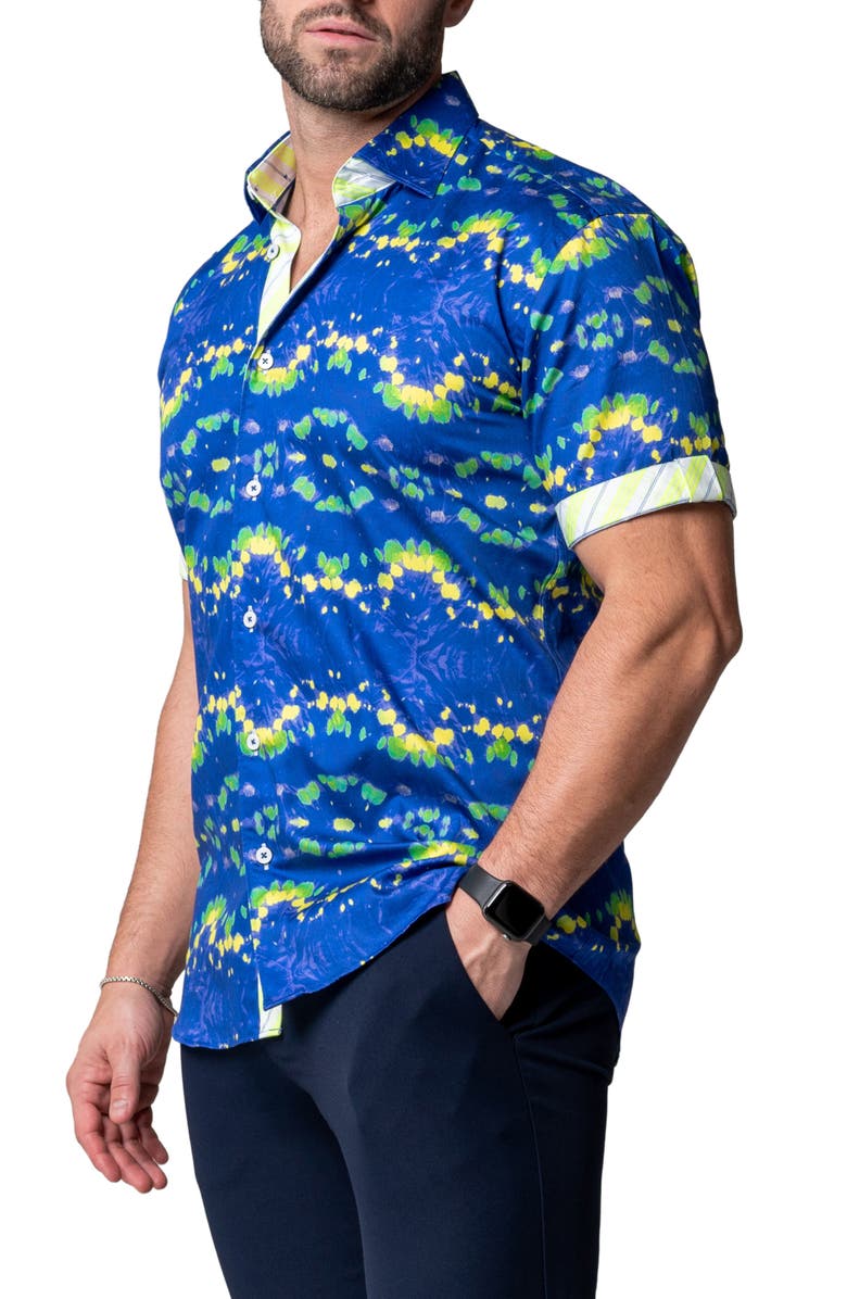 Maceoo Galileo Dyegreen Blue Short Sleeve Cotton Button-Up Shirt, Alternate, color, Blue