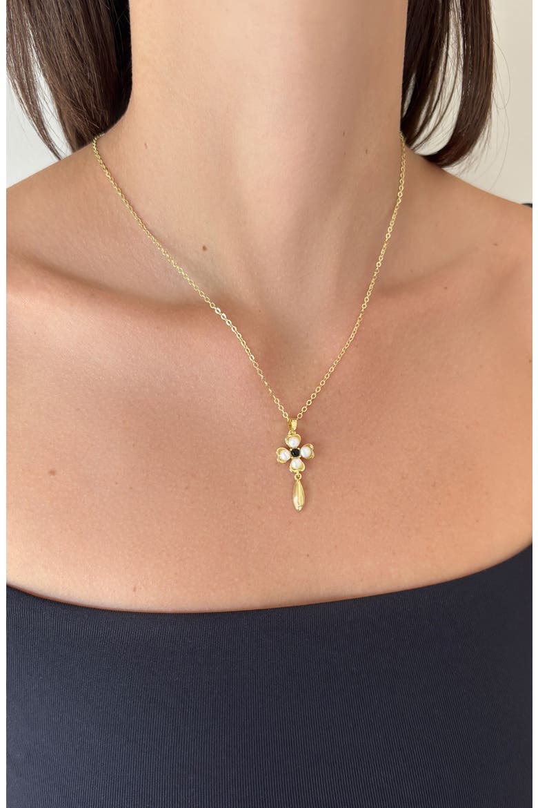 14K Gold Plated Freshwater Pearl & Onyx Clover Pendant Necklace, Alternate, color, WHITE/ GOLD