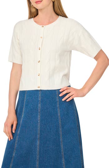 1.state Short Sleeve Cable Cardigan In Antique White