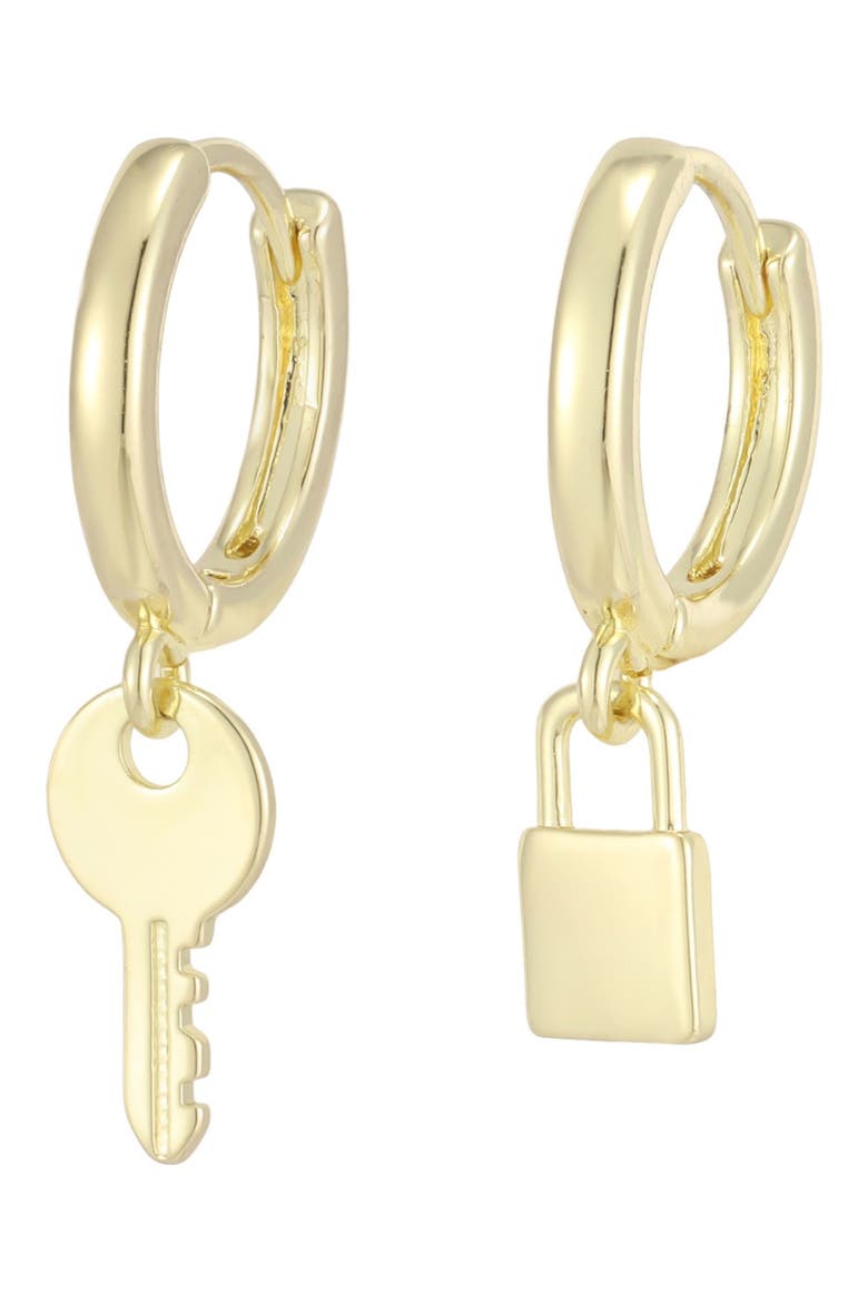 Lock and Key Huggie Hoop Earrings, Main, color, GOLD