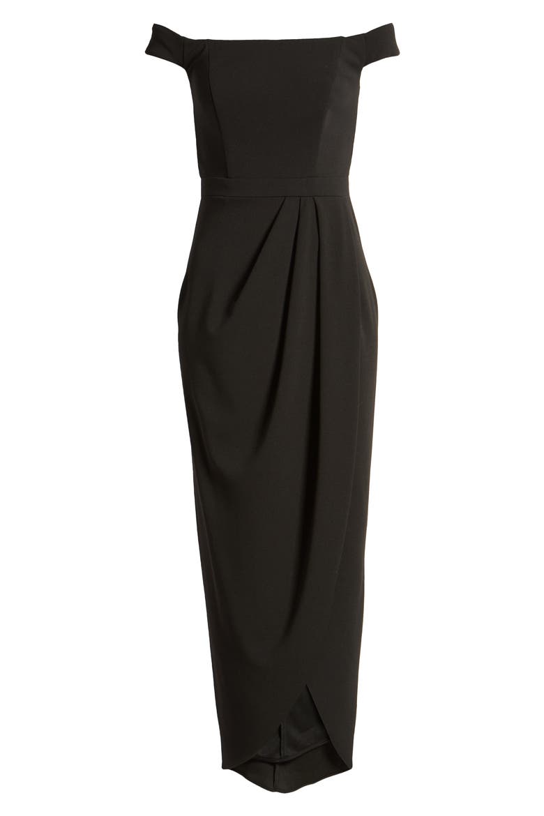 Xscape Off the Shoulder Wrap Front Scuba Crepe Gown, Alternate, color, BLACK