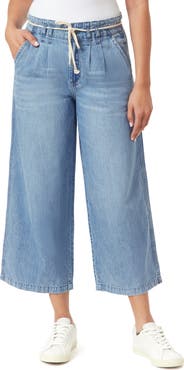 Kensie Pleat Front Crop Wide Leg Drawstring Jeans