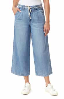 Kensie Pleat Front Crop Wide Leg Drawstring Jeans