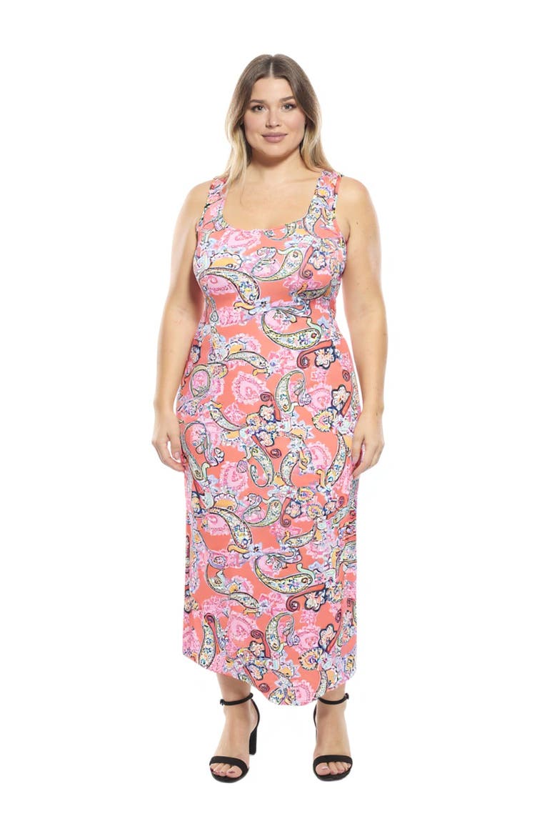 Plus Size Paisley Scoop Neck Sleeveless Racerback Tank Maxi Dress, Main, color, Orange Multi