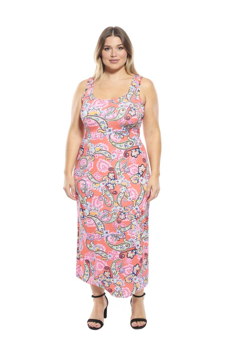24seven Comfort Apparel Plus Size Paisley Scoop Neck Sleeveless Racerback Tank Maxi Dress, Main, color, Orange Multi