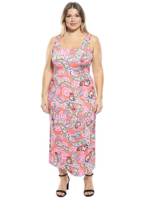 Plus Size Paisley Scoop Neck Sleeveless Racerback Tank Maxi Dress
