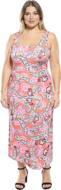 24seven Comfort Apparel Plus Size Paisley Scoop Neck Sleeveless Racerback Tank Maxi Dress
