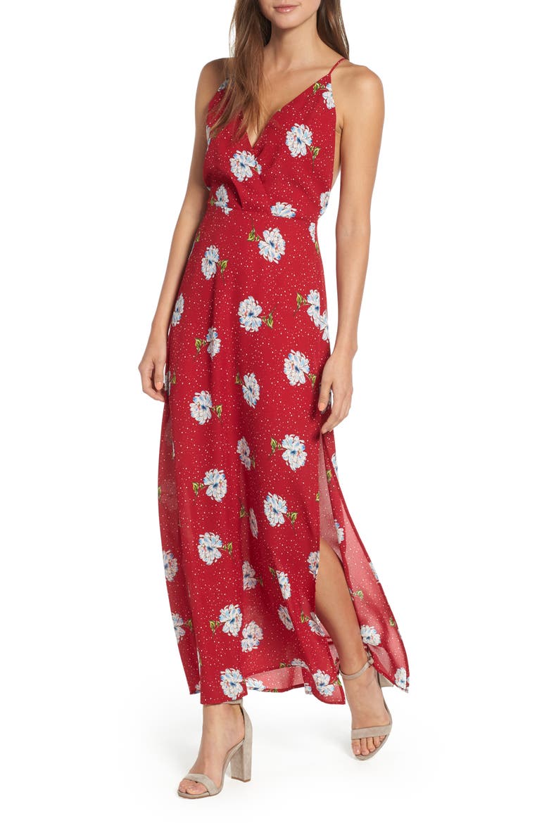 Surplice Maxi Dress, Main, color, RED DOTTED FLORAL