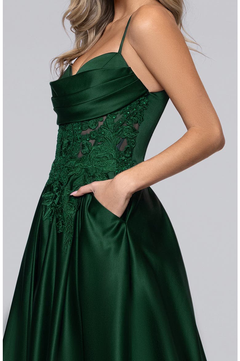 Sequin Lace Detail Satin Gown, Alternate, color, HUNTER