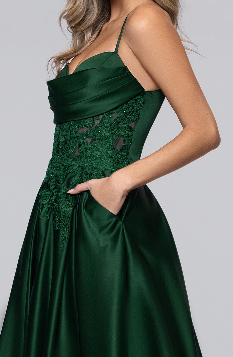 Blondie Nites Sequin Lace Detail Satin Gown, Alternate, color, Hunter