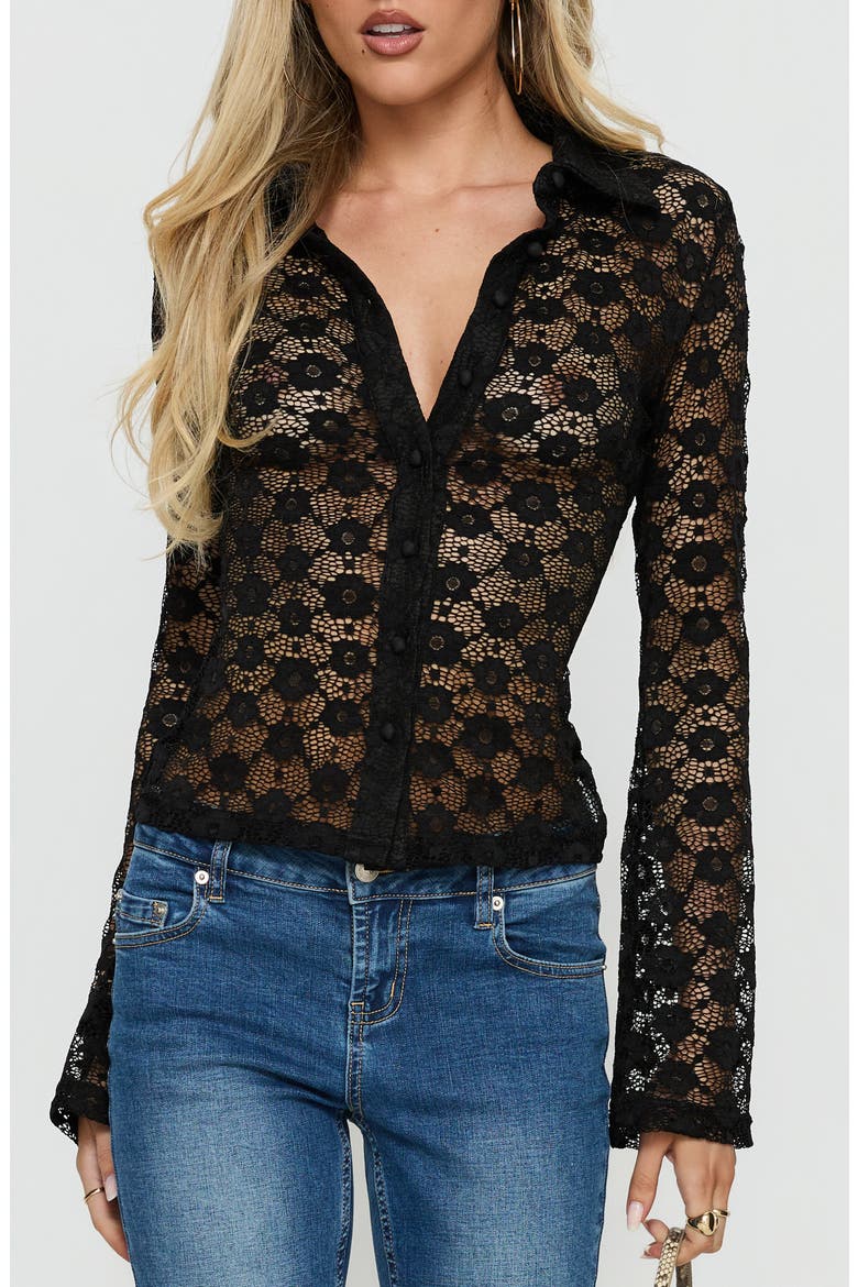 Enisa Long Sleeve Button-Up Lace Top, Main, color, BLACK
