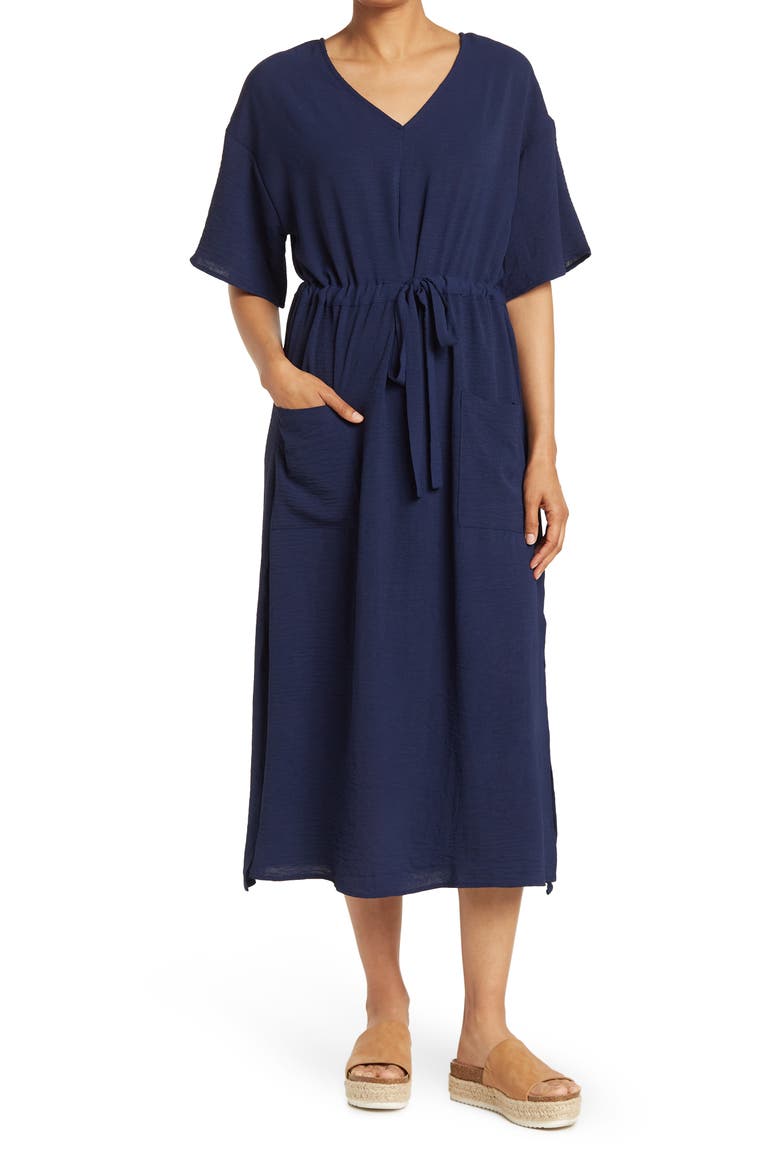 Short Sleeve Drawstring Midi Dress, Main, color, NAVY