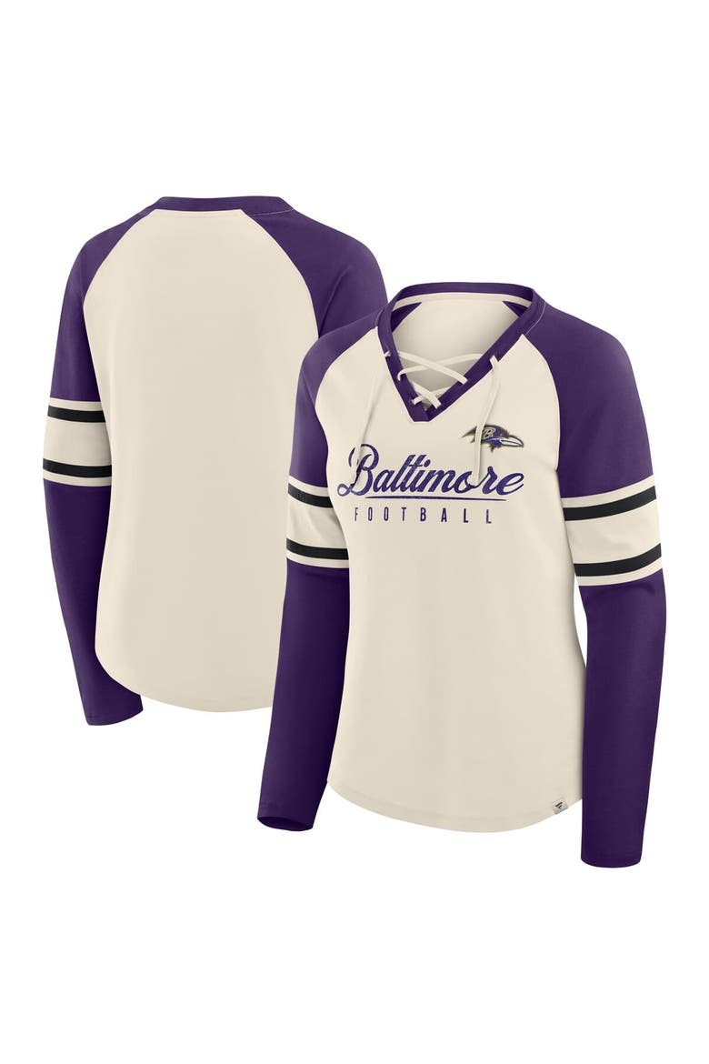 Women's Fanatics Cream/Purple Baltimore Ravens Hometown Gridiron Hero Raglan Lace-Up V-Neck Long Sleeve T-Shirt, Main, color, Cream