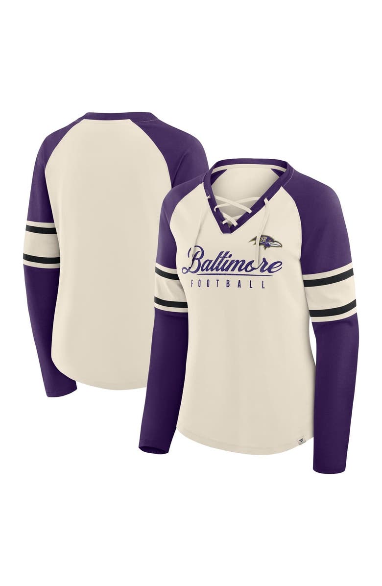 FANATICS Women's Fanatics Cream/Purple Baltimore Ravens Hometown Gridiron Hero Raglan Lace-Up V-Neck Long Sleeve T-Shirt, Main, color, Cream