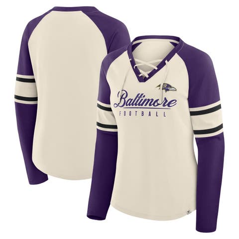 Women's Fanatics Cream/Purple Baltimore Ravens Hometown Gridiron Hero Raglan Lace-Up V-Neck Long Sleeve T-Shirt
