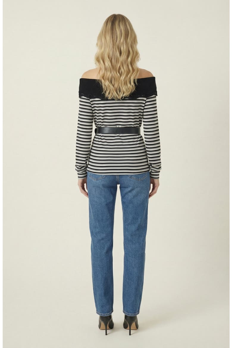 Off Shoulder Striped Knit Belted Top, Alternate, color, Black / White / Grey