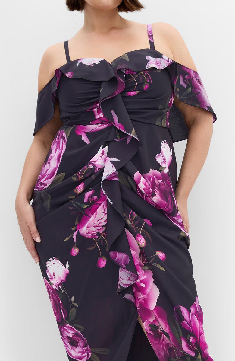 City Chic Gina Print Off the Shoulder Midi Dress, Alternate, color, Multi Bloom