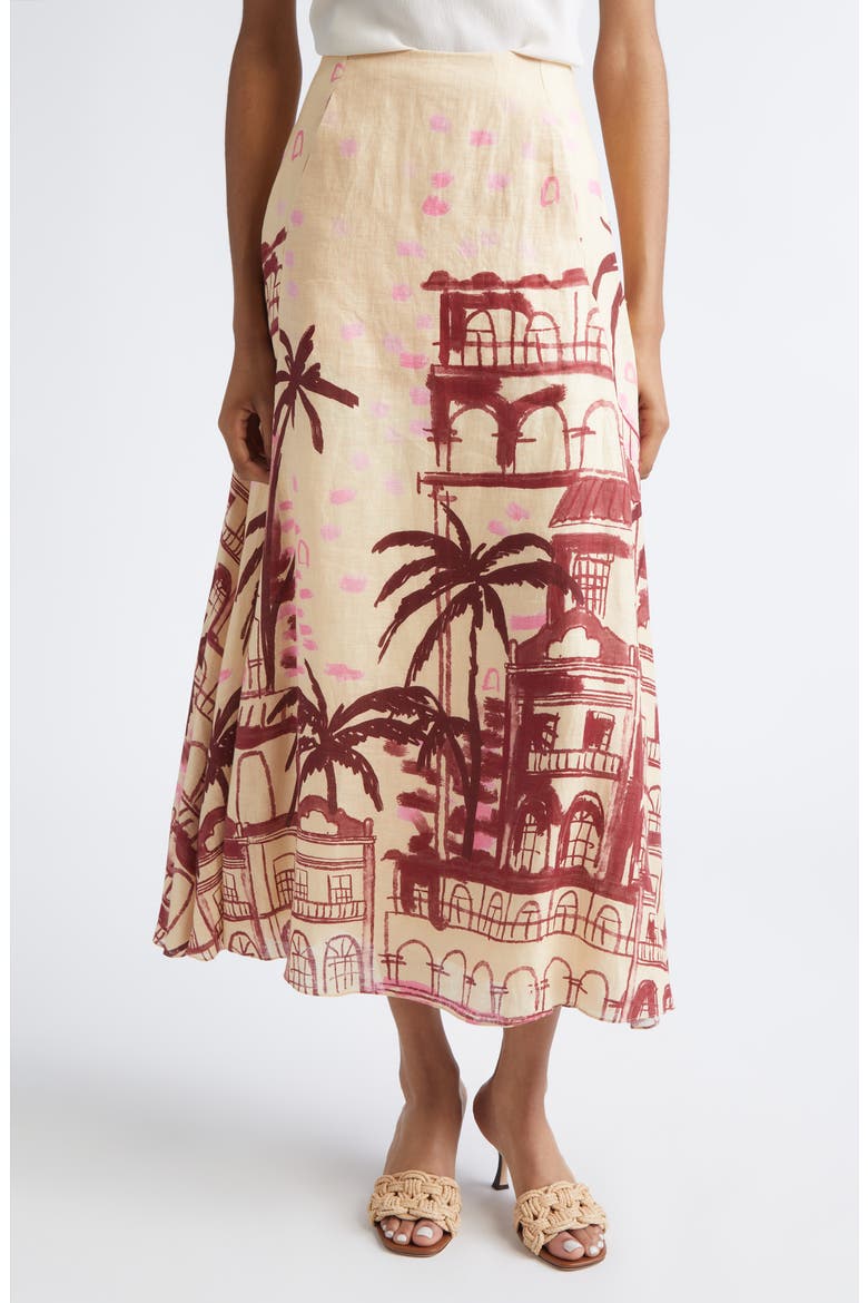 Steps of Joy Tropical Print A-Line Linen Skirt, Main, color, ECRU / WINE
