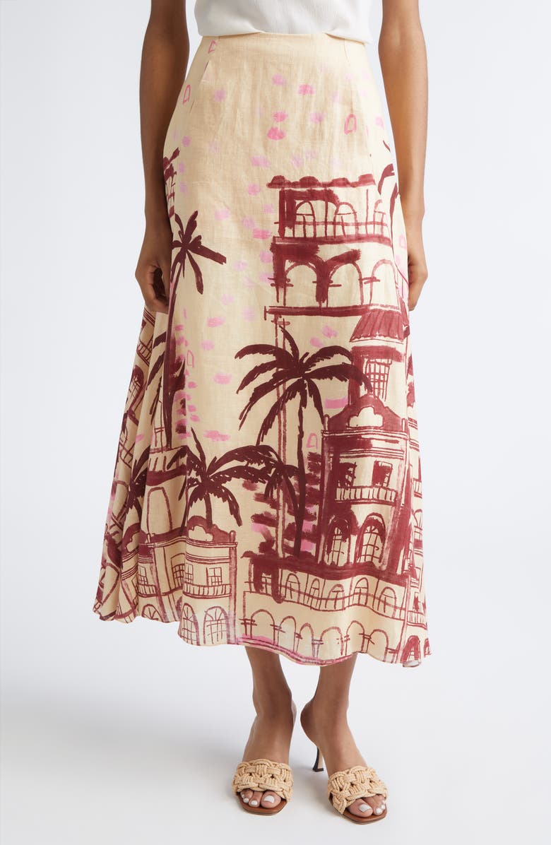 Johanna Ortiz Steps of Joy Tropical Print A-Line Linen Skirt, Main, color, Ecru / Wine