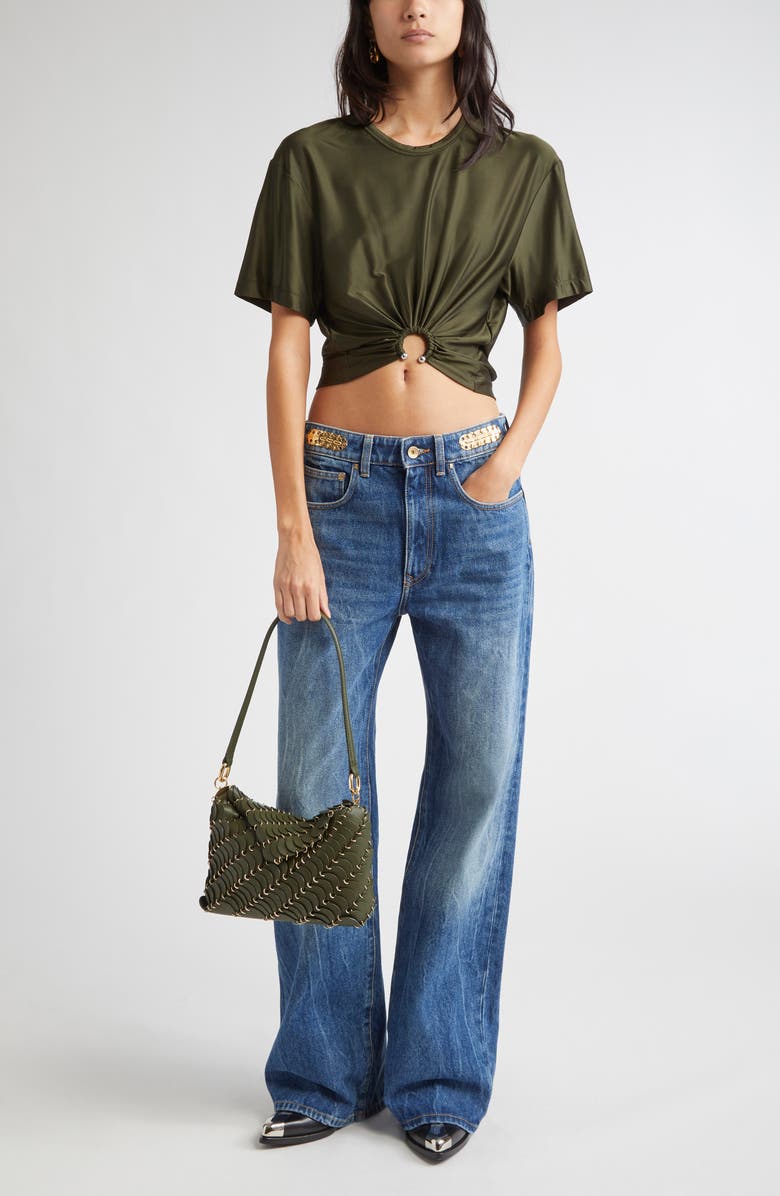 Rabanne Piercing Ring Satin Jersey Crop T-Shirt, Alternate, color, New Kaki