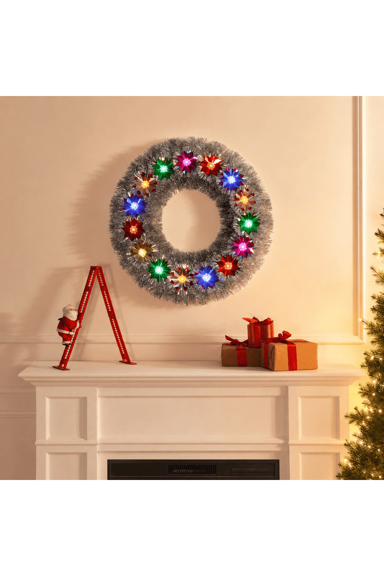 30 in. Tinsel Wreath with Flower Pom-poms, Alternate, color, Multicolored