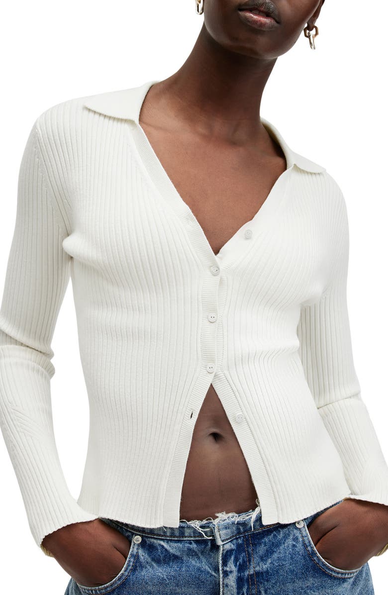 AllSaints Cruz Ribbed Cardigan, Alternate, color, Chalk White