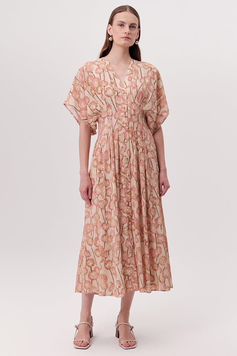Mattie V Neck Smocked Waist Floral Midi Dress, Main, color, MULTI COLOR