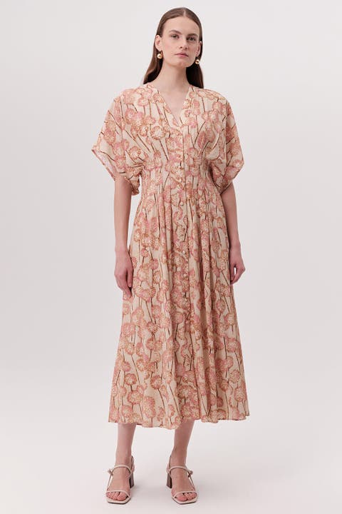 Mattie V Neck Smocked Waist Floral Midi Dress
