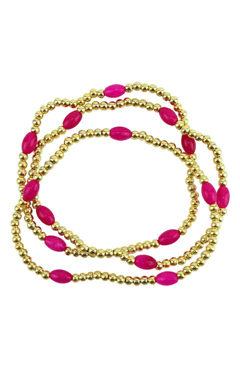 Set of 3 Magenta Beaded Stretch Bracelets