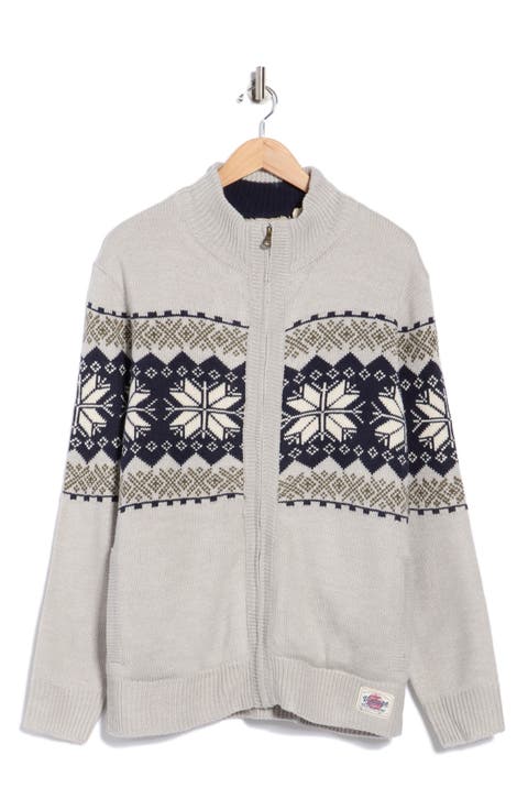 Nordic Jacquard Faux Shearling Lined Full Zip Sweater