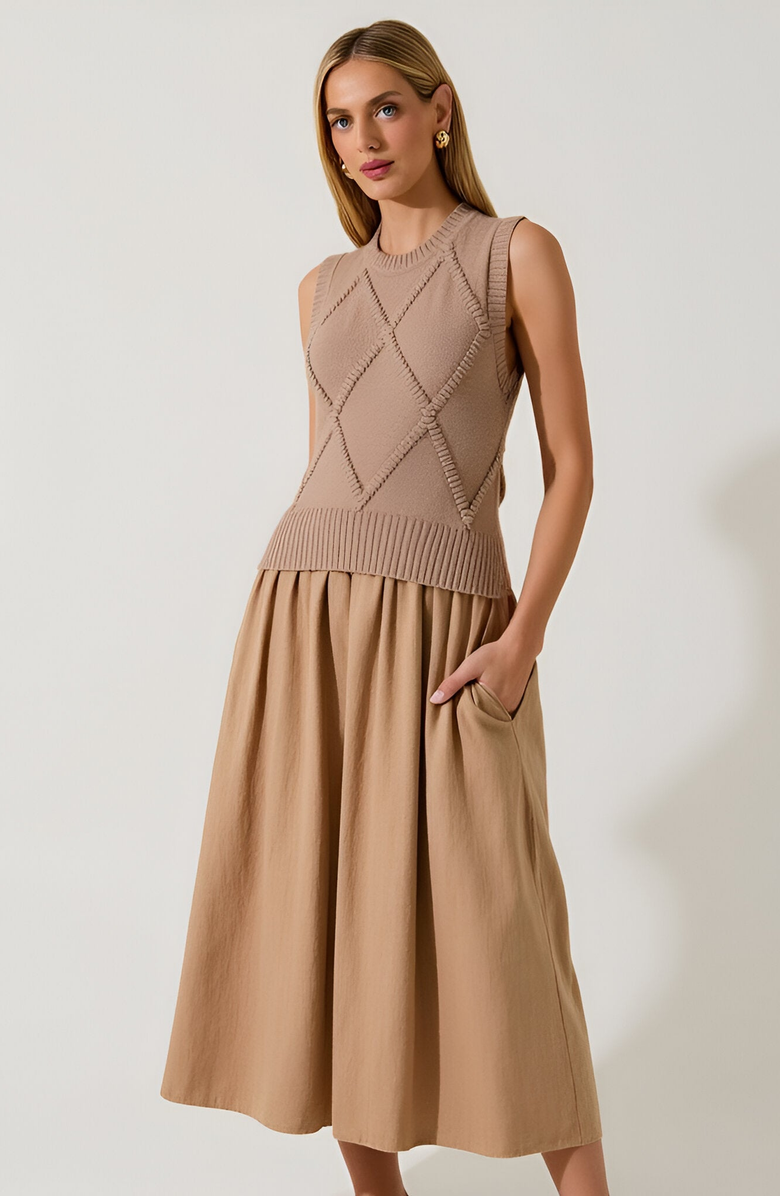 Modenaire Sleeveless Knit Dress with Diamond Texture and Flared Skirt, Main, color, 