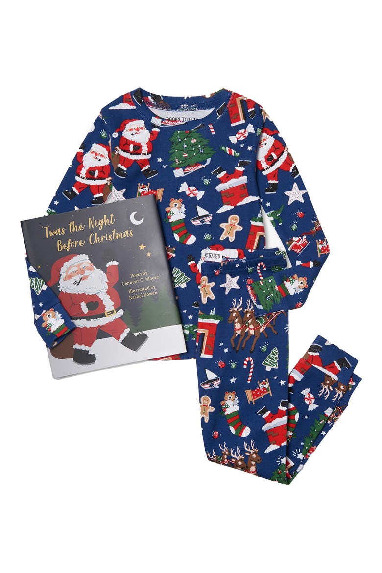 Kids' 'Twas the Night Before Christmas' Fitted Two-Piece Pajamas & Book Set, Main, color, BLUE
