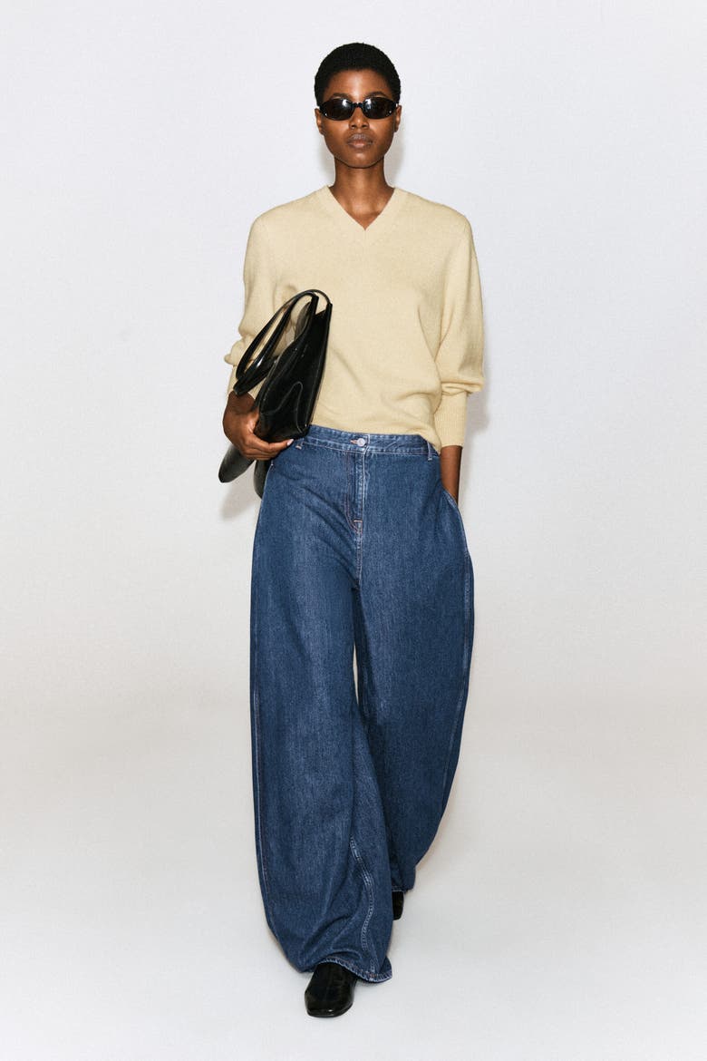 Pleated-Panel Denim Barrel-Leg Pants, Alternate, color, BLUE