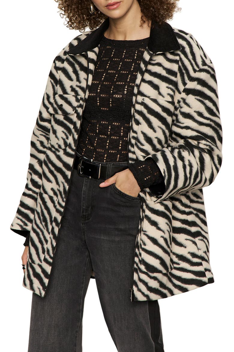 Soirée Zebra Print Barn Jacket, Main, color, STRIKING WHITE
