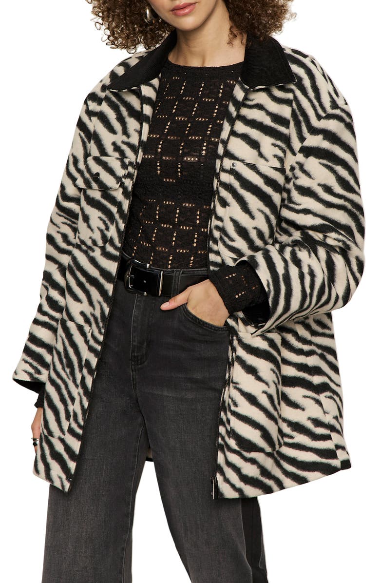 Sanctuary Soirée Zebra Print Barn Jacket, Main, color, Striking White