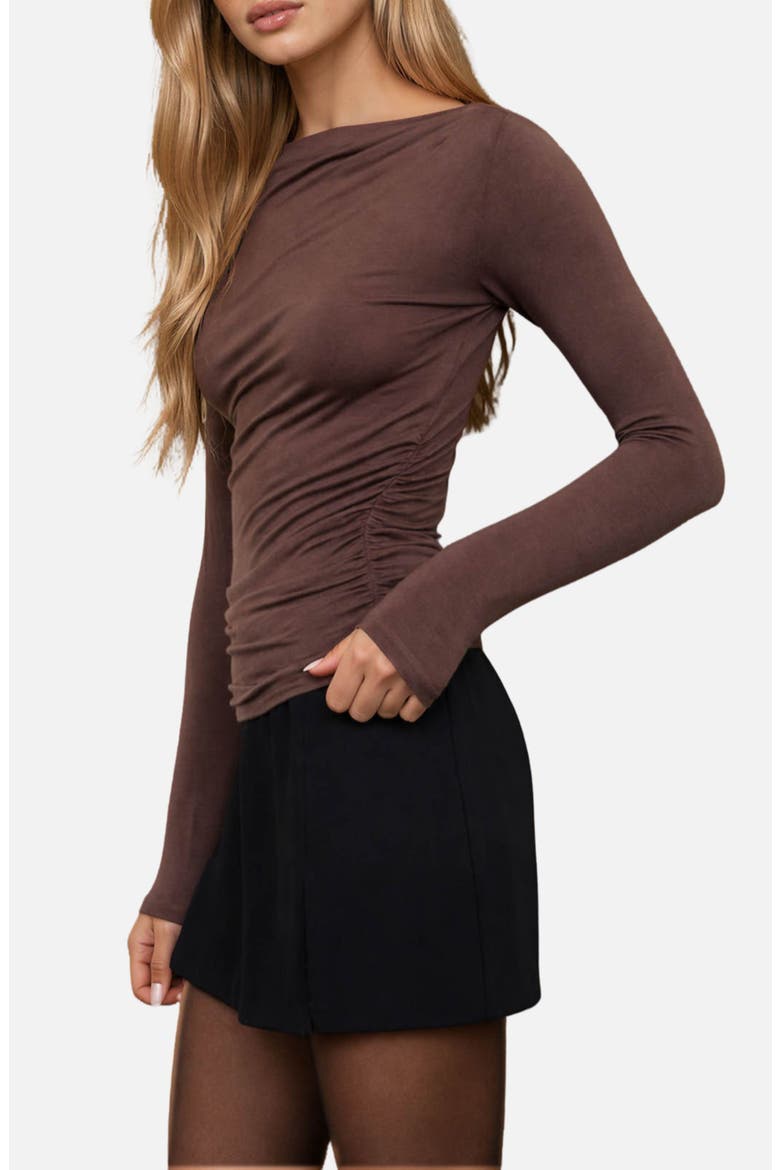 Ruched Long Sleeve Knit Top, Alternate, color, BROWN