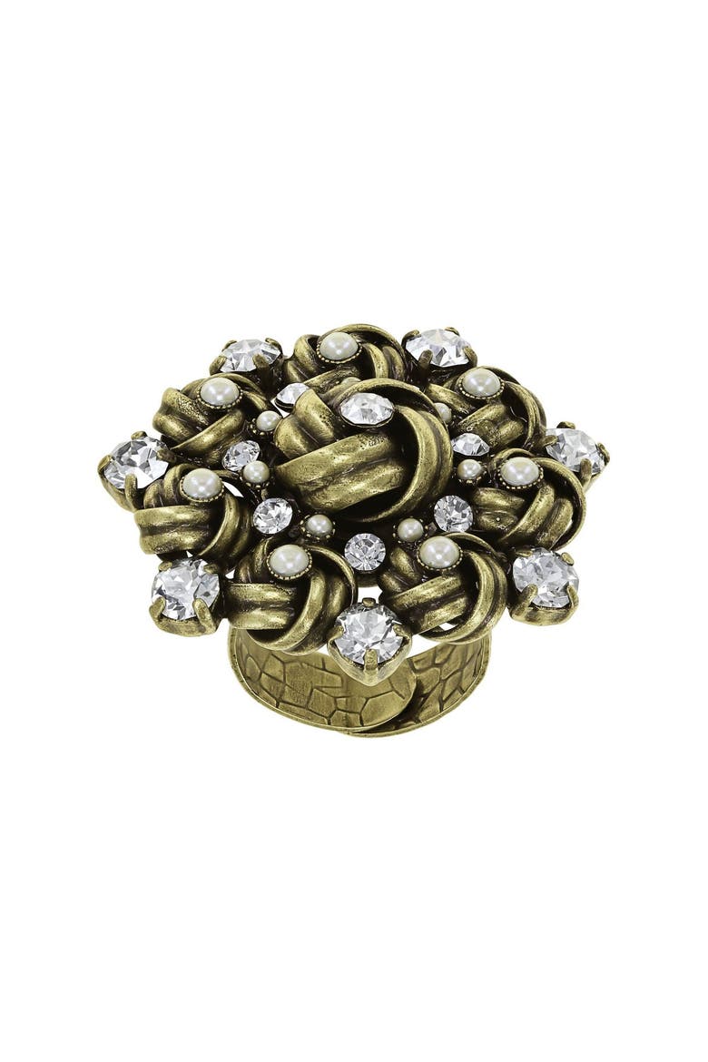 La Comtesse II Crystal Knot Statement Ring, Main, color, White / Antique Brass