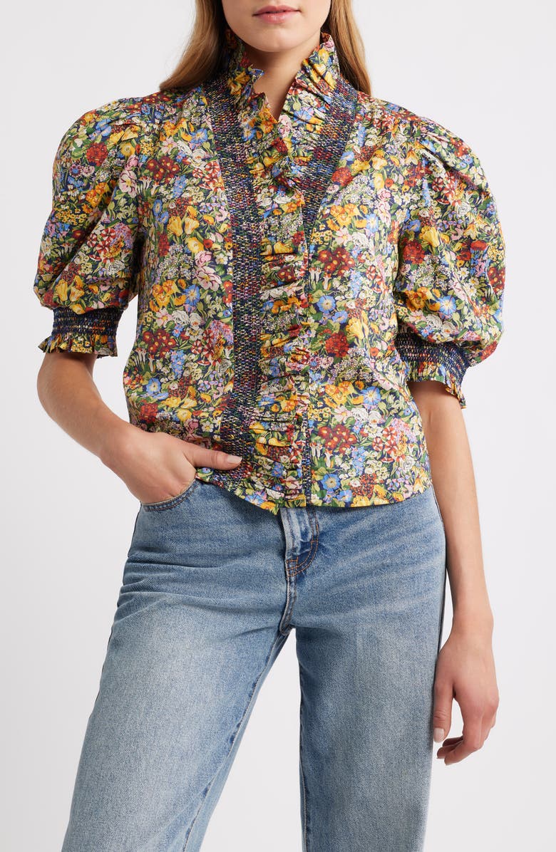 LOVE THE LABEL Zuri Smocked Ruffle Puff Sleeve Top, Main, color, Cottage Garden Liberty Print