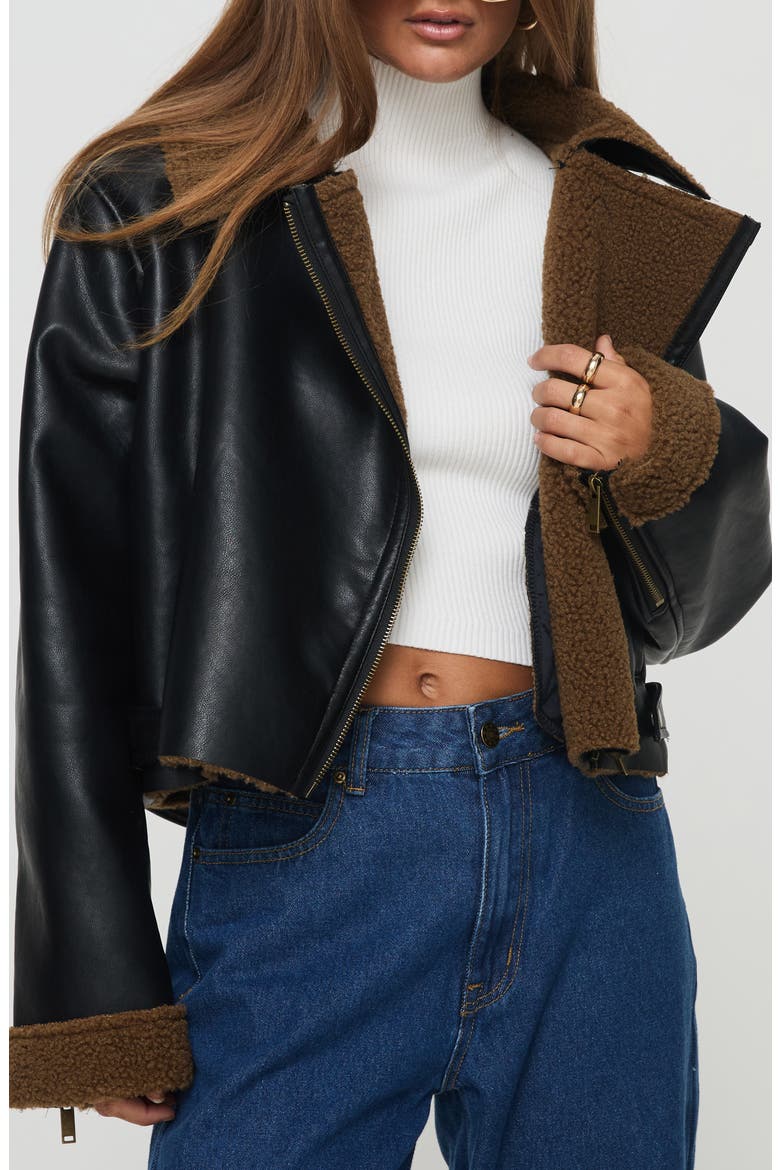 Faux Leather Crop Jacket with Faux Shearling Trim, Main, color, BLACK
