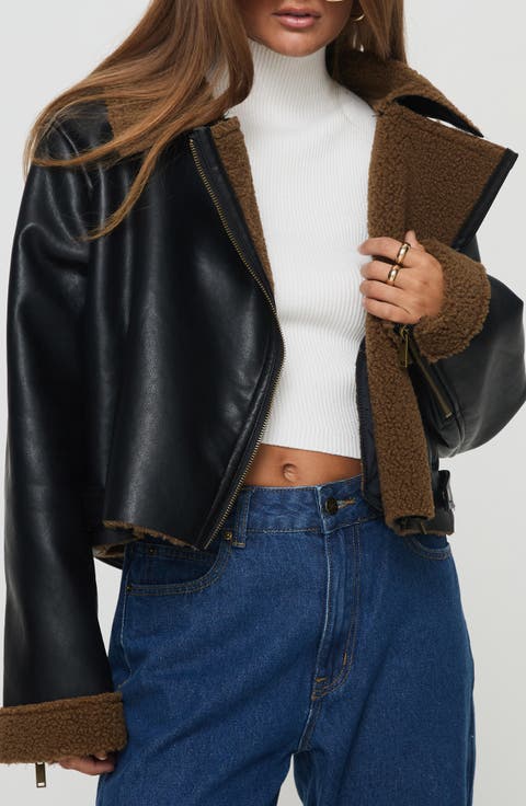 Faux Leather Crop Jacket with Faux Shearling Trim