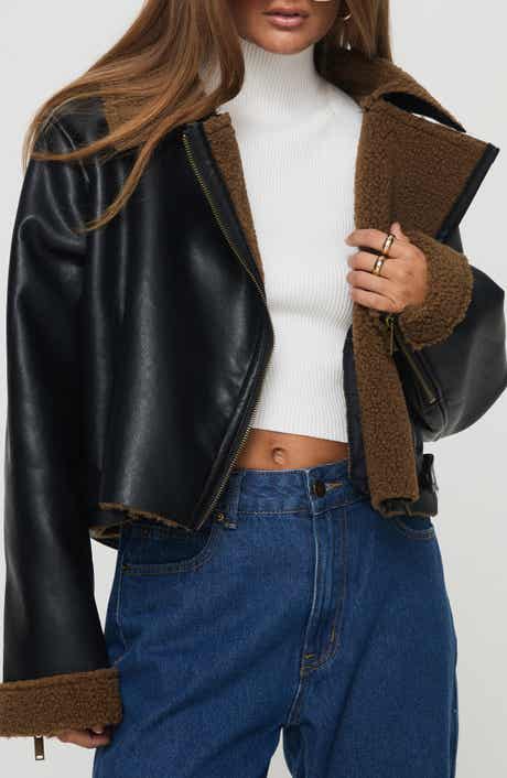 Princess Polly Faux Leather Crop Jacket with Faux Shearling Trim