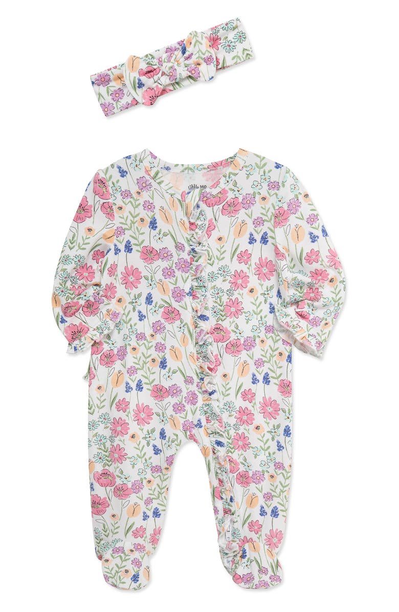 Little Me Meadow Print Zip Footie & Headband, Alternate, color, Pink