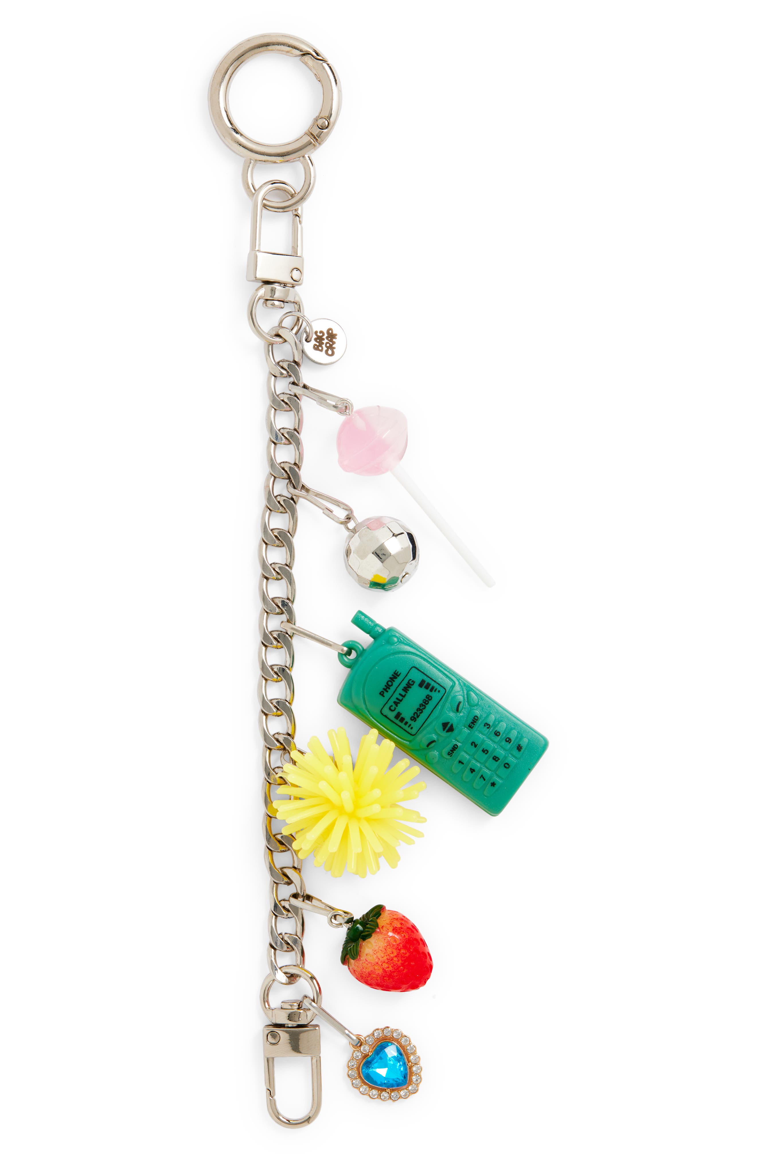 BAG CRAP Call Me On My Celly Bag Charm, Main, color, Silver/ Green Multi