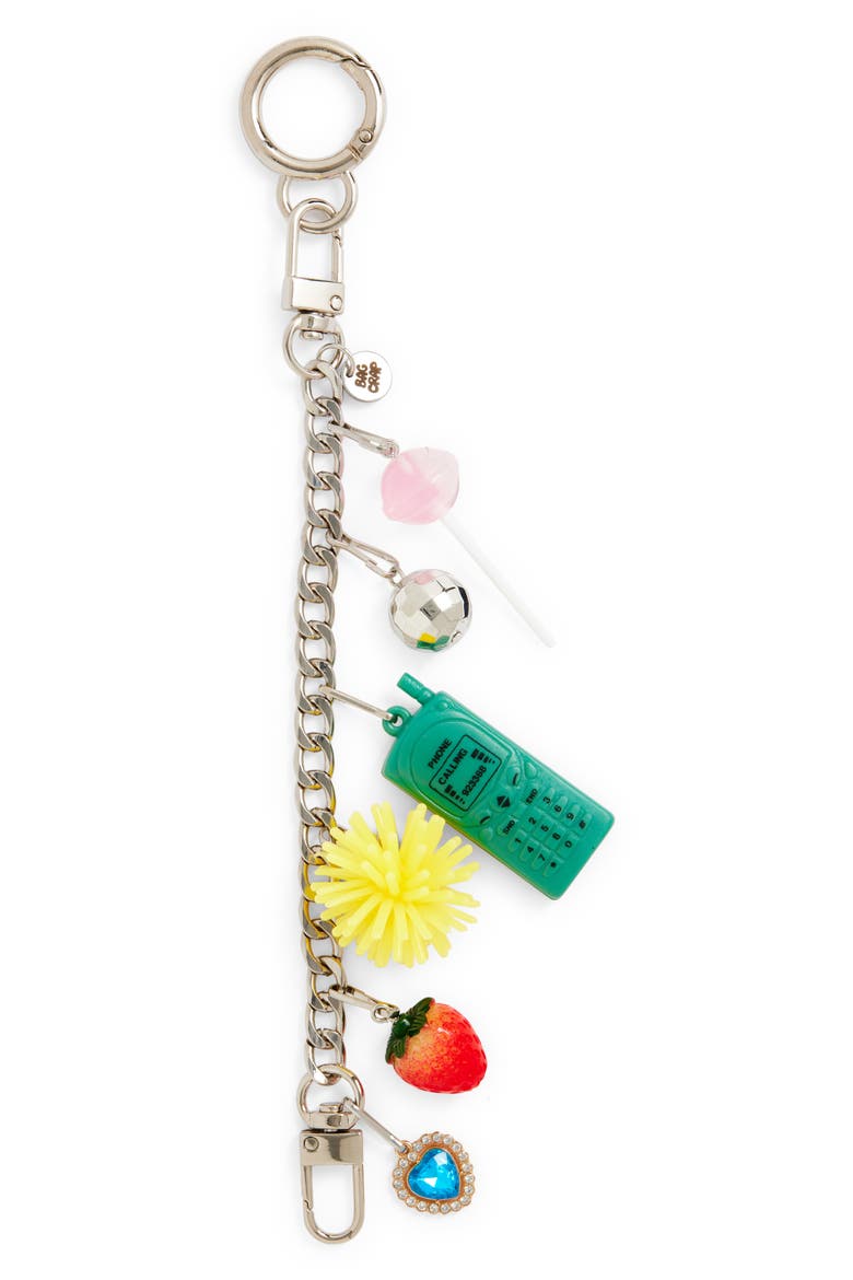 Call Me On My Celly Bag Charm, Main, color, SILVER/ GREEN MULTI