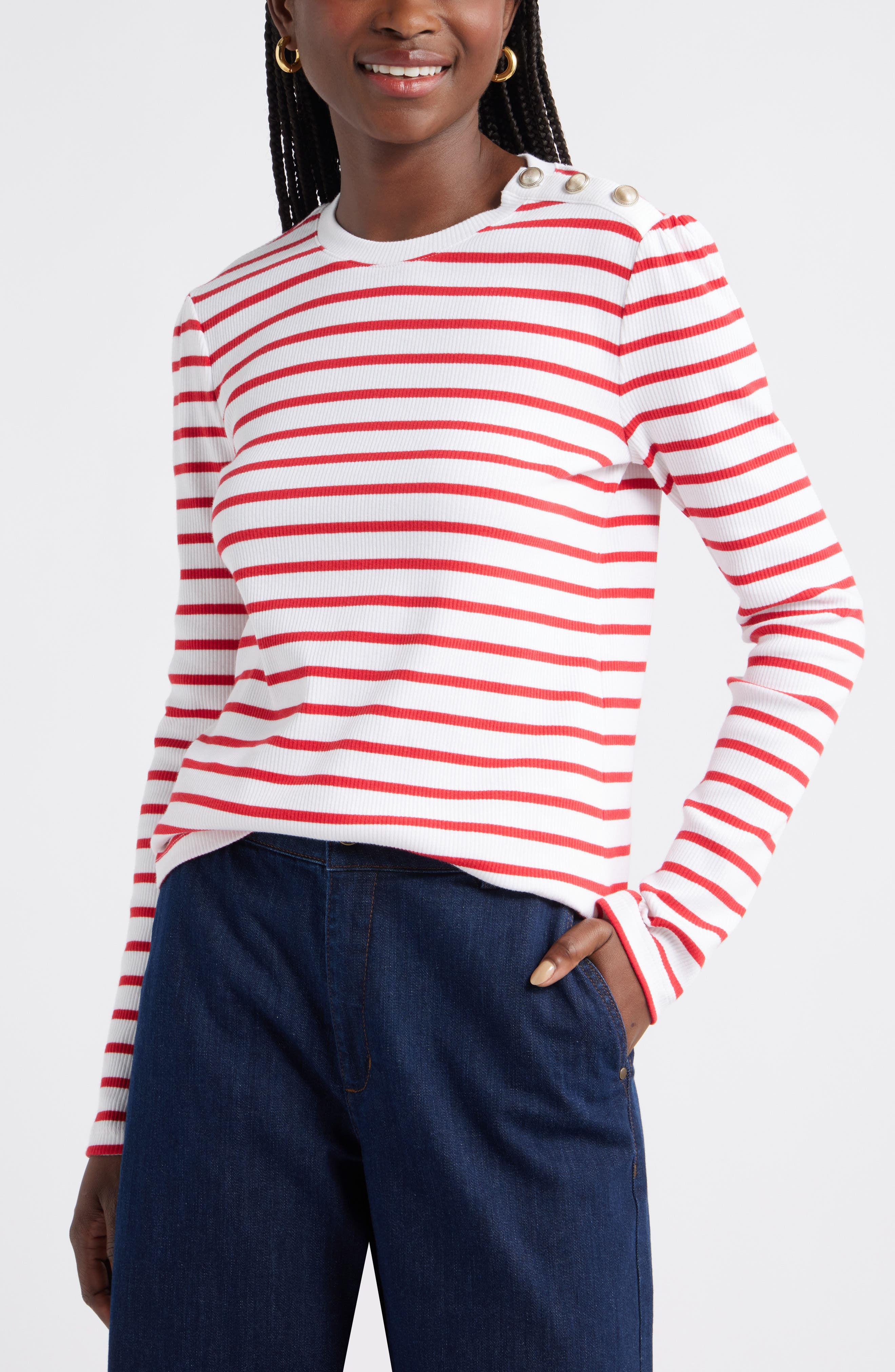 Caslon® Stripe Button Shoulder Long Sleeve Rib T-Shirt