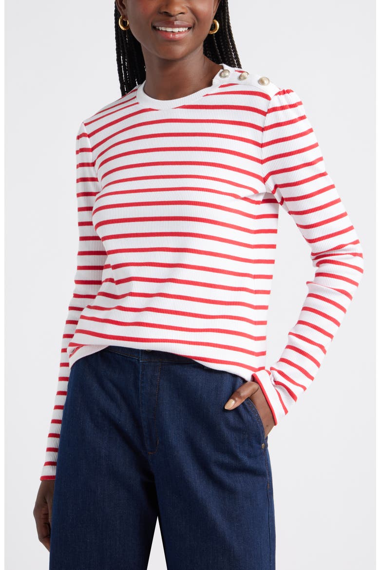 Stripe Button Shoulder Long Sleeve Rib T-Shirt, Main, color, WHITE- RED JOSEPHINE STRIPE