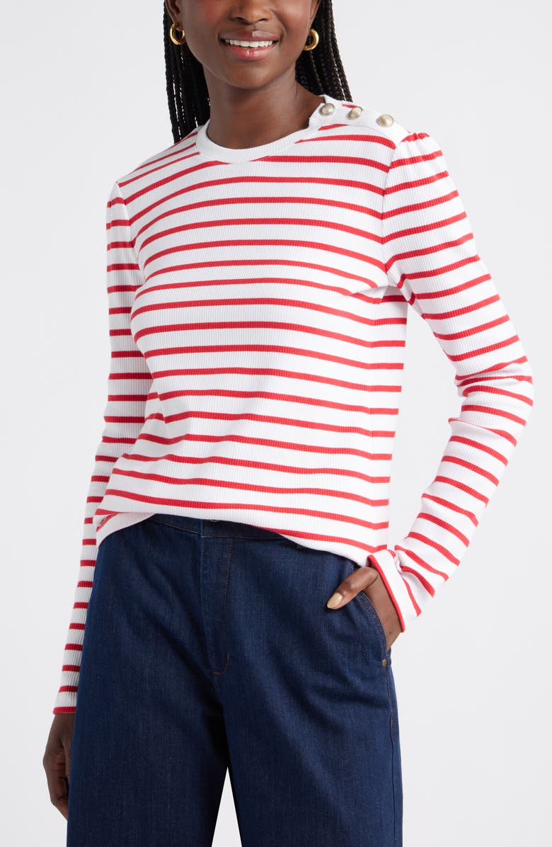 Caslon<sup>®</sup> Stripe Button Shoulder Long Sleeve Rib T-Shirt, Main, color, White- Red Josephine Stripe