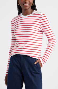 Caslon® Stripe Button Shoulder Long Sleeve Rib T-Shirt