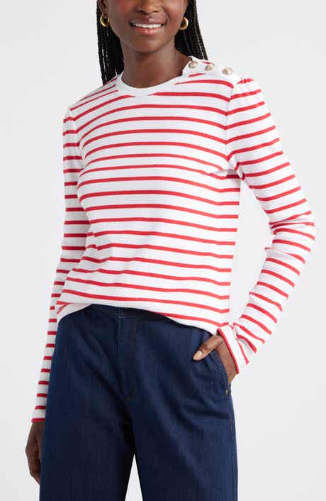 Caslon® Stripe Button Shoulder Long Sleeve Rib T-Shirt
